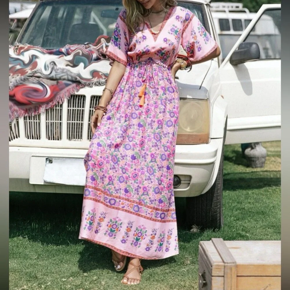 Boho floral print slit thigh drawstring waist maxi dress - Picture 2 of 6